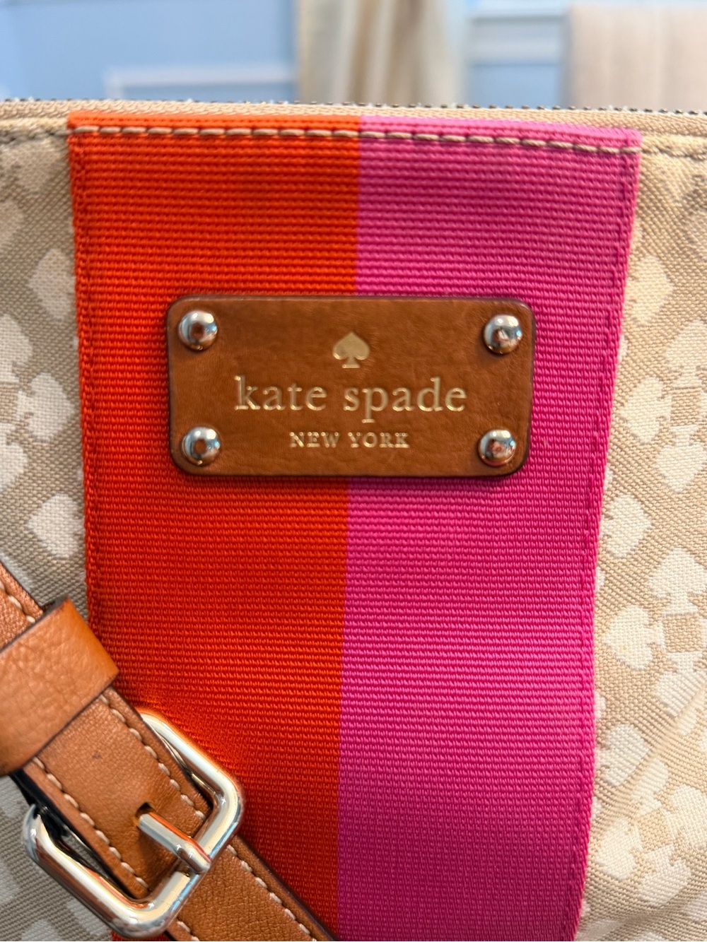 Kate Spade New York Canvas Crossbody Bag | Pink & Red Stripe GUC - Picture 2 of 12